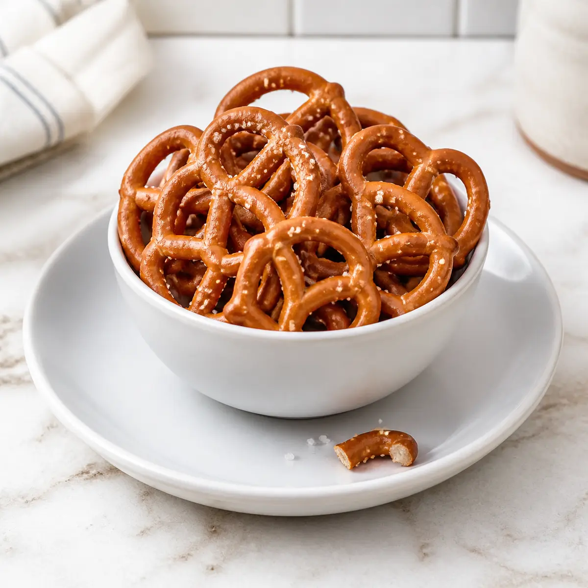 Salted mini pretzels with one tiny broken pretzel piece on a saucer