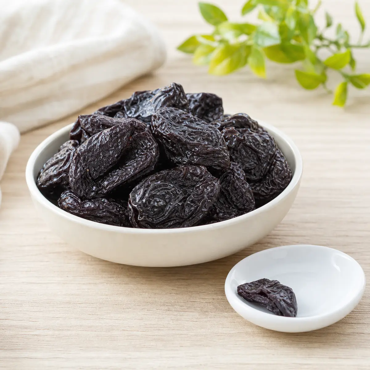 Dried pitted prunes with one tiny cut prune piece on a white saucer