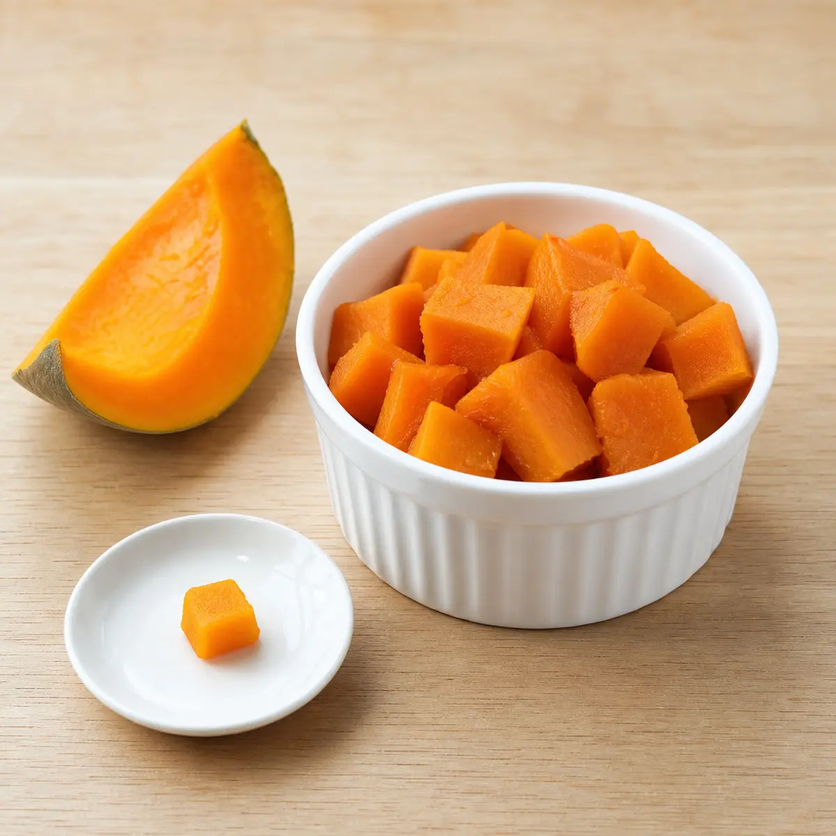 Plain cooked pumpkin cubes with one tiny orange cube on a saucer