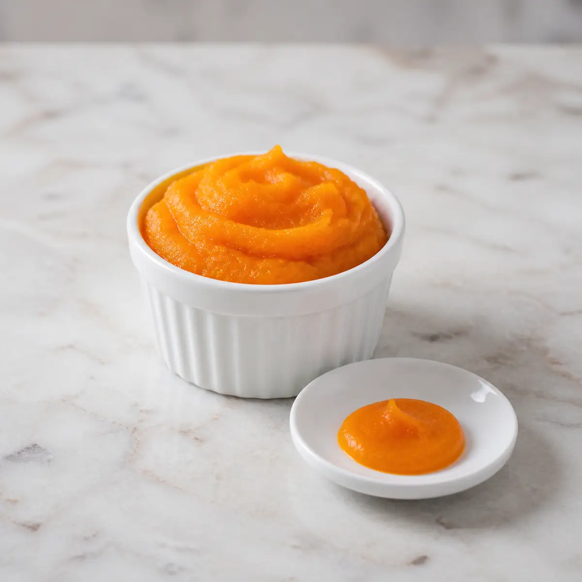 Plain pumpkin puree in a ramekin with a tiny dab on a saucer