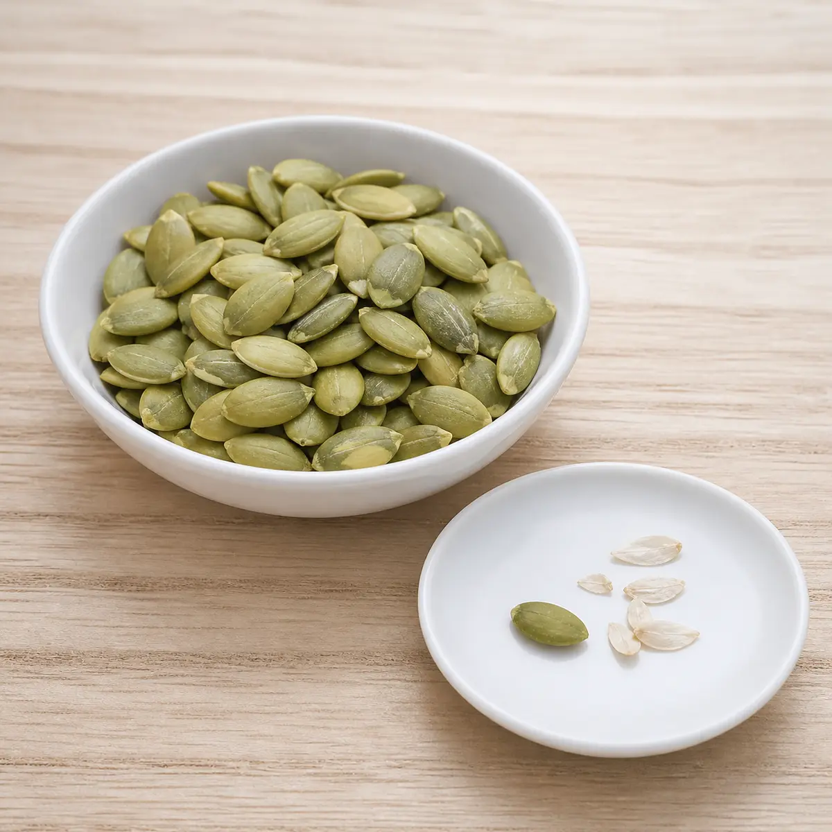 Unsalted pumpkin seeds in a dish with a few seeds separated on a saucer