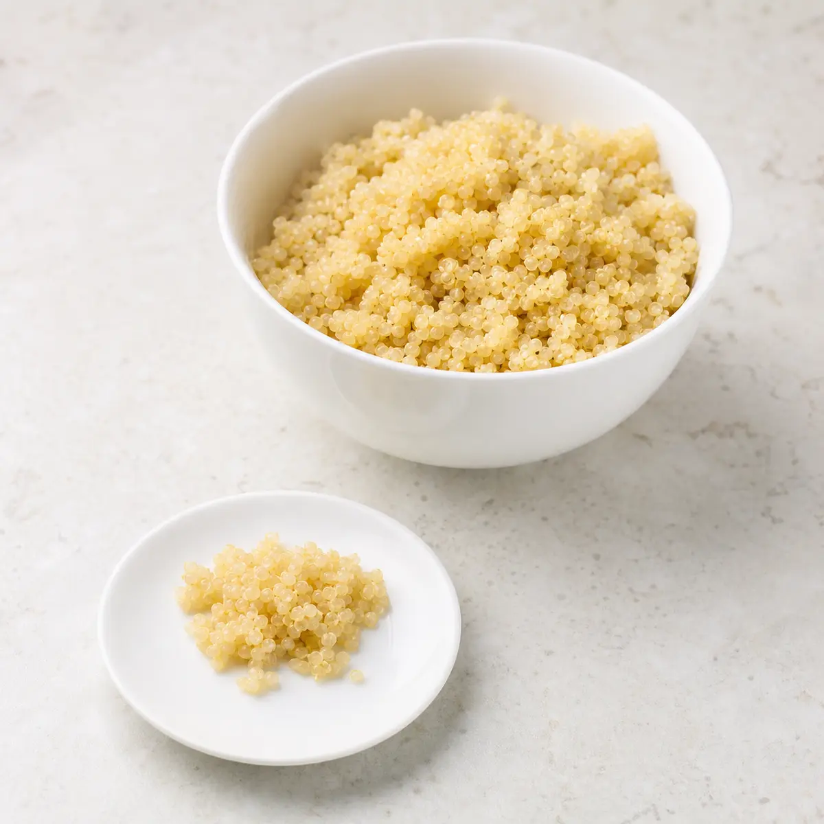 Cooked plain quinoa in a bowl with a tiny portion on a saucer