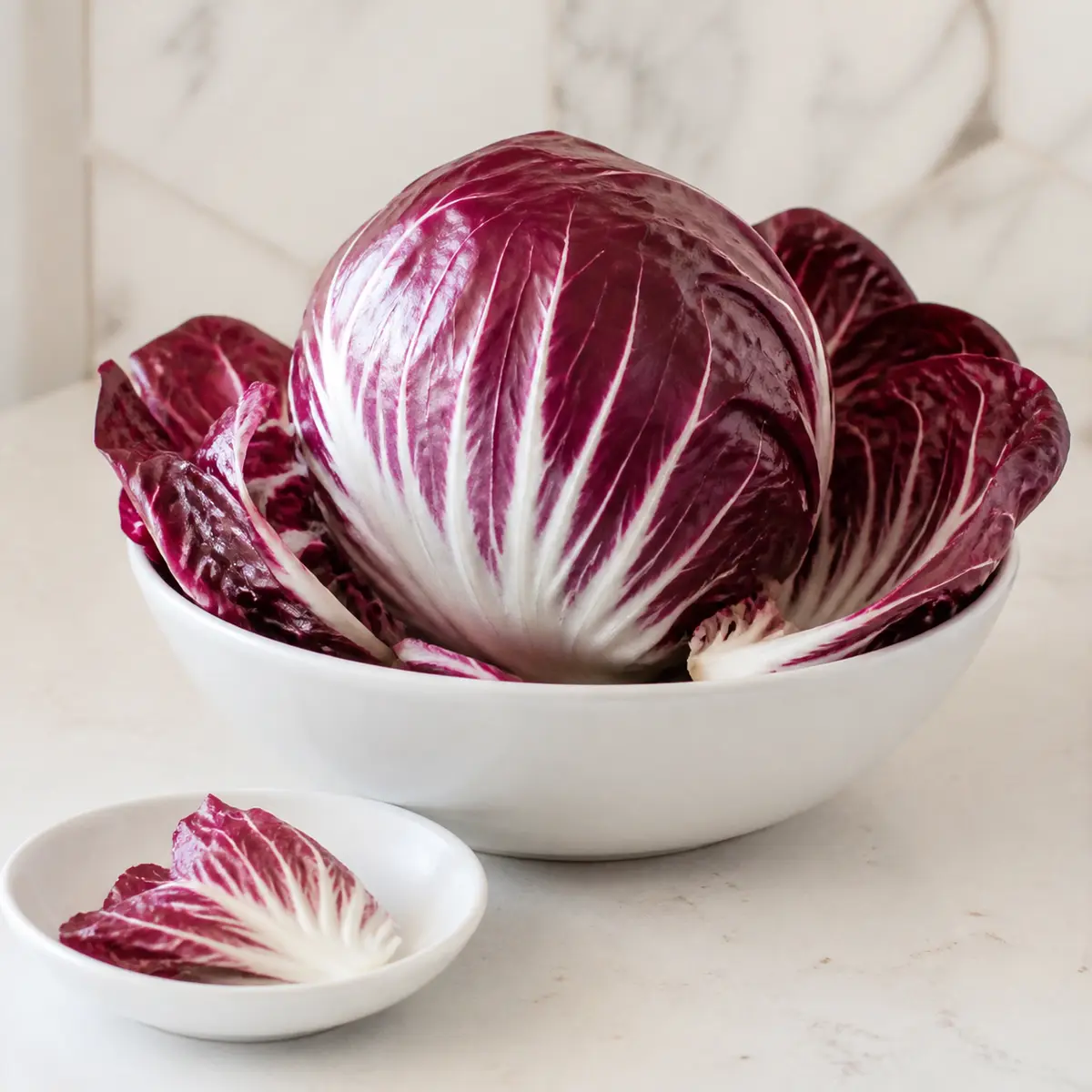 Purple radicchio leaves with one tiny torn piece on a saucer