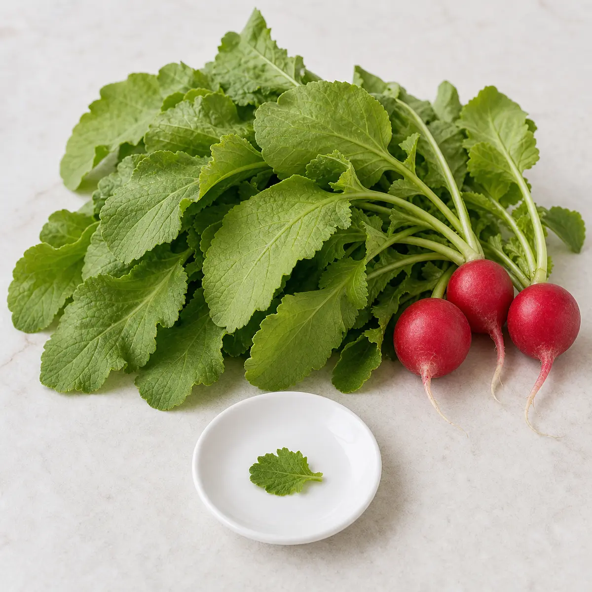 Fresh radish greens with one tiny torn green leaf piece on a saucer