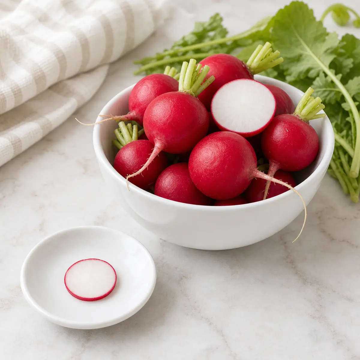 Red radishes with one tiny thin radish slice on a saucer