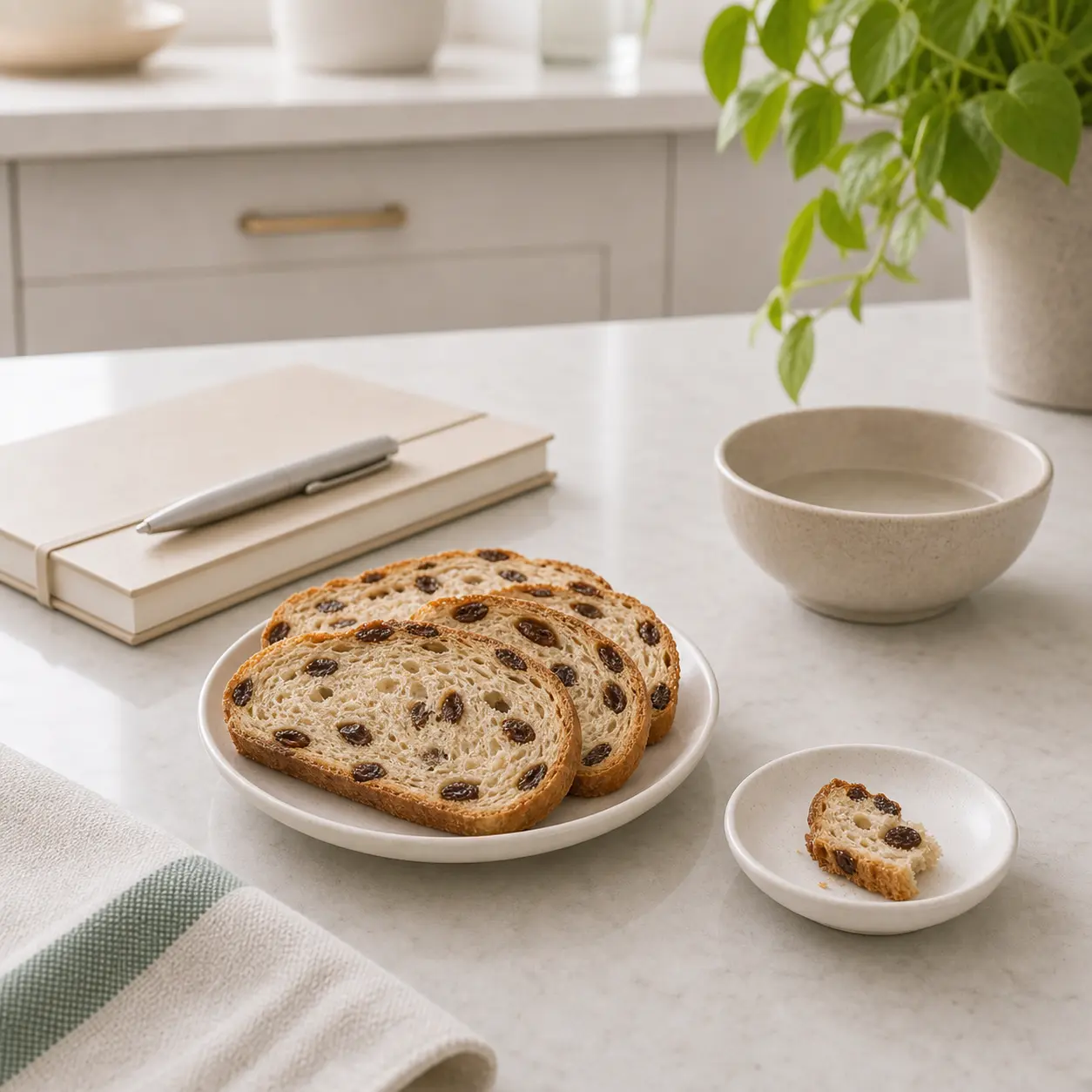 Raisin bread slices with one tiny crumb separated on a saucer