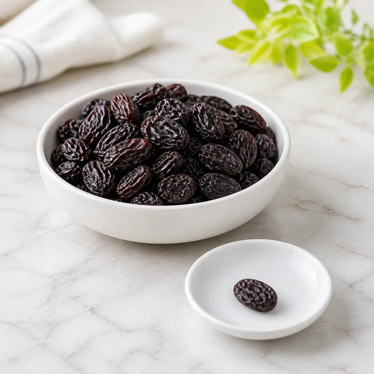 Dark raisins in a dish with one single raisin isolated on a saucer