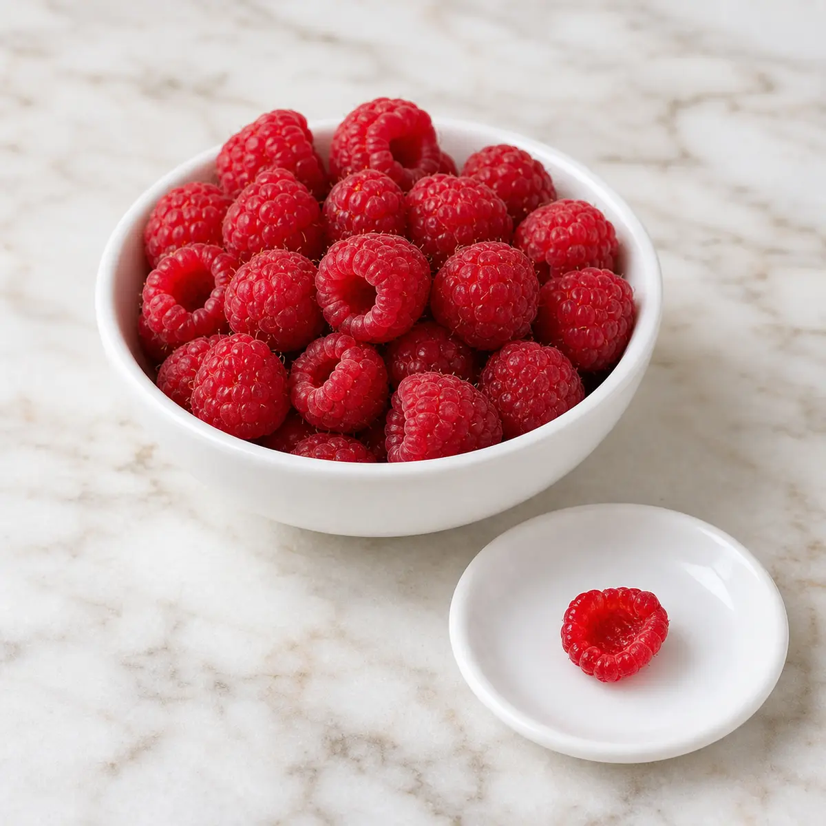 Fresh raspberries with one tiny raspberry piece on a white saucer