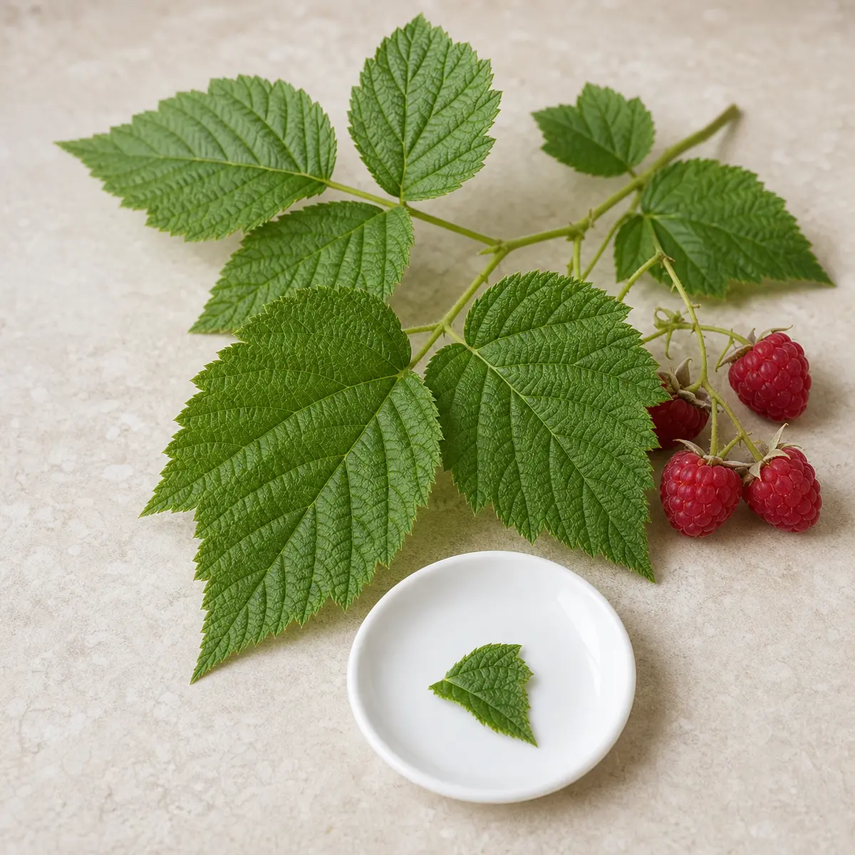 Raspberry leaves with one tiny torn leaf piece on a saucer