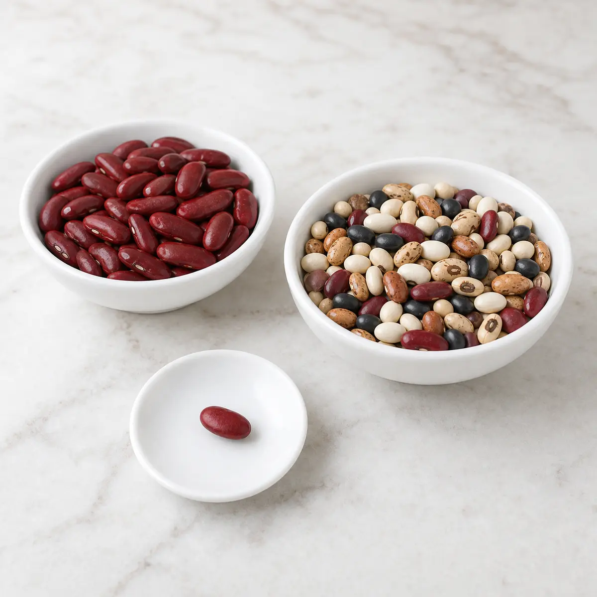 Uncooked dry beans with one dry red bean isolated on a saucer