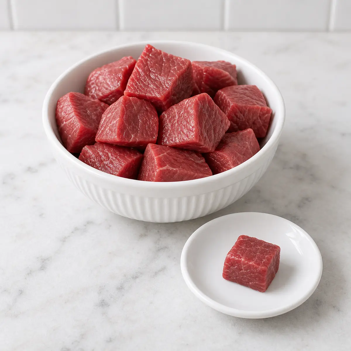 Raw beef cubes in a dish with one small raw beef cube on a saucer