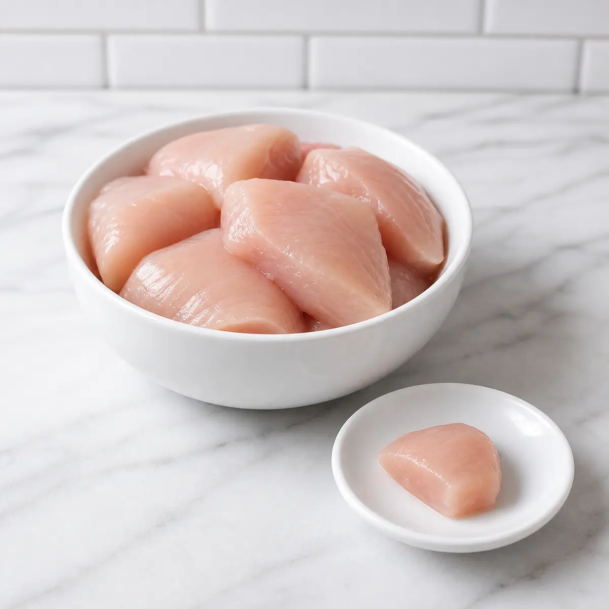 Raw boneless chicken pieces in a dish with one small raw piece on a saucer