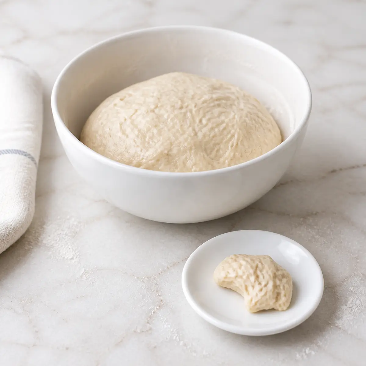 Raw bread dough in a bowl with one sticky dough pinch on a saucer