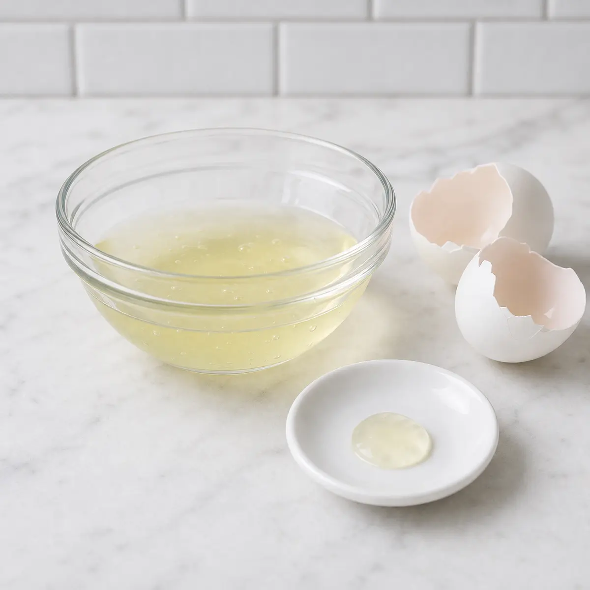 Separated raw egg whites with a tiny translucent amount on a saucer
