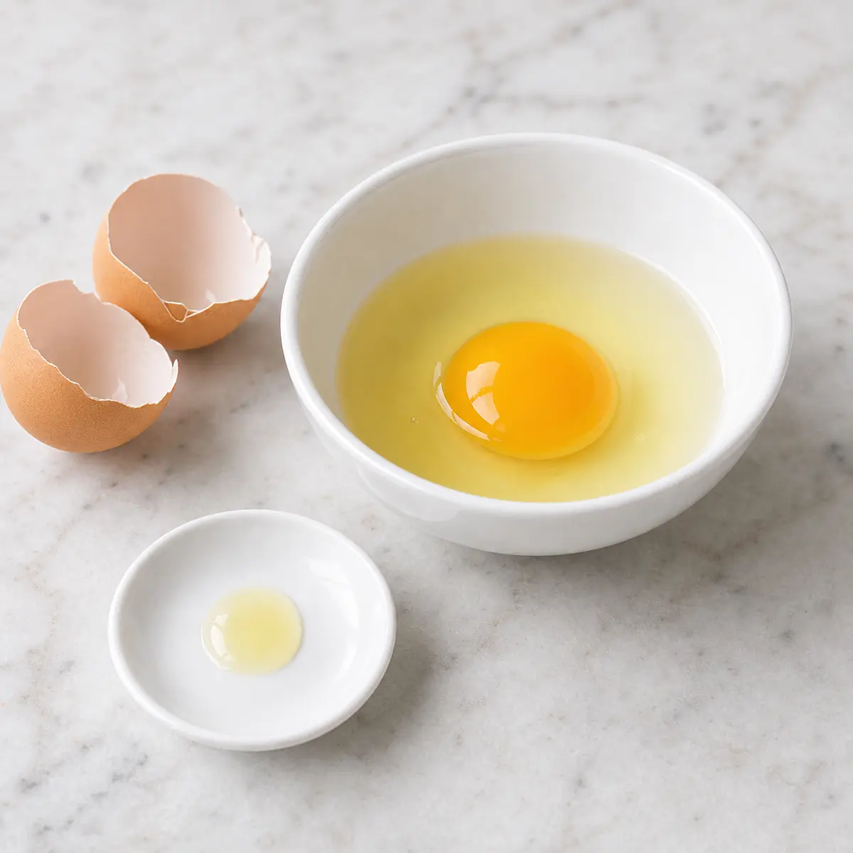 Cracked raw egg with yolk and white in a bowl and a tiny drop on a saucer