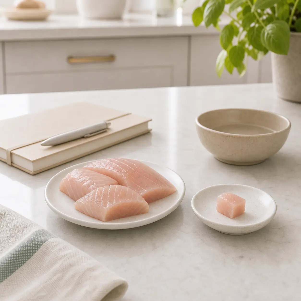 Raw fish pieces with one tiny piece separated on a saucer
