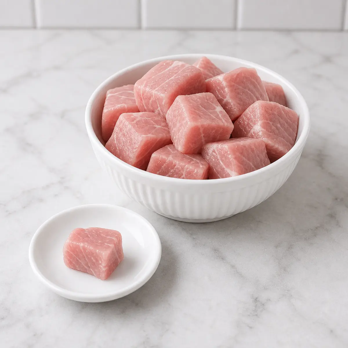 Raw boneless pork cubes with one small raw pork cube on a saucer