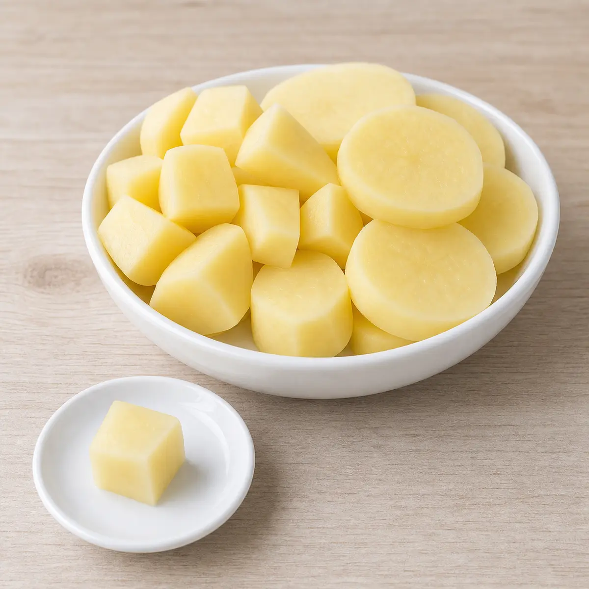 Raw peeled potato slices and chunks with one firm raw cube on a saucer