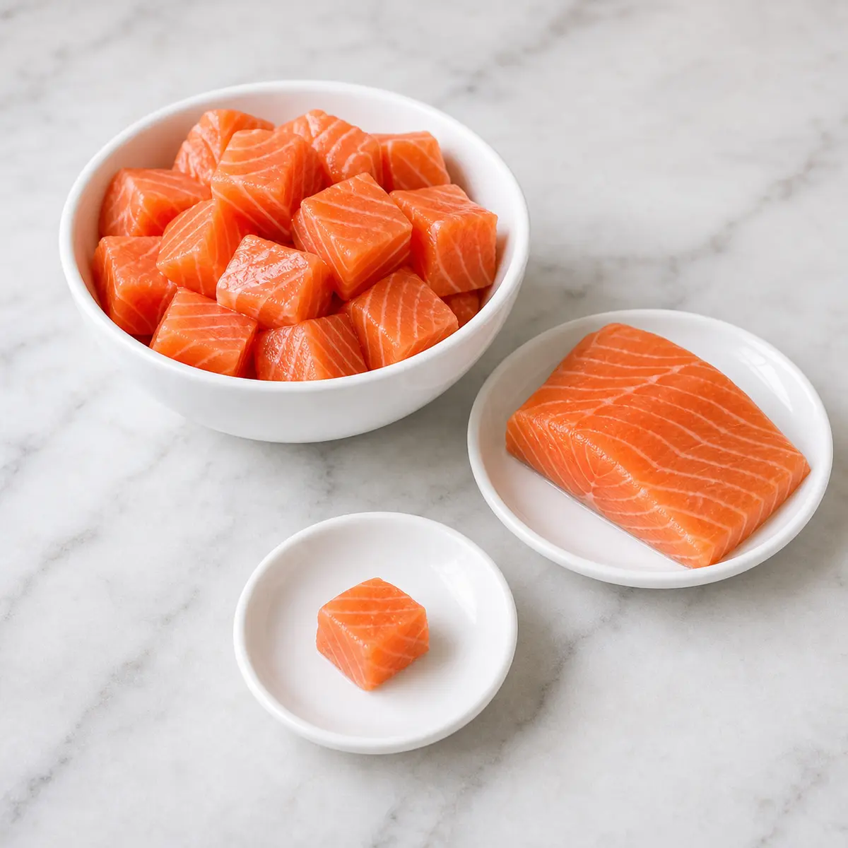 Raw salmon cubes and a fillet piece with one tiny cube on a saucer