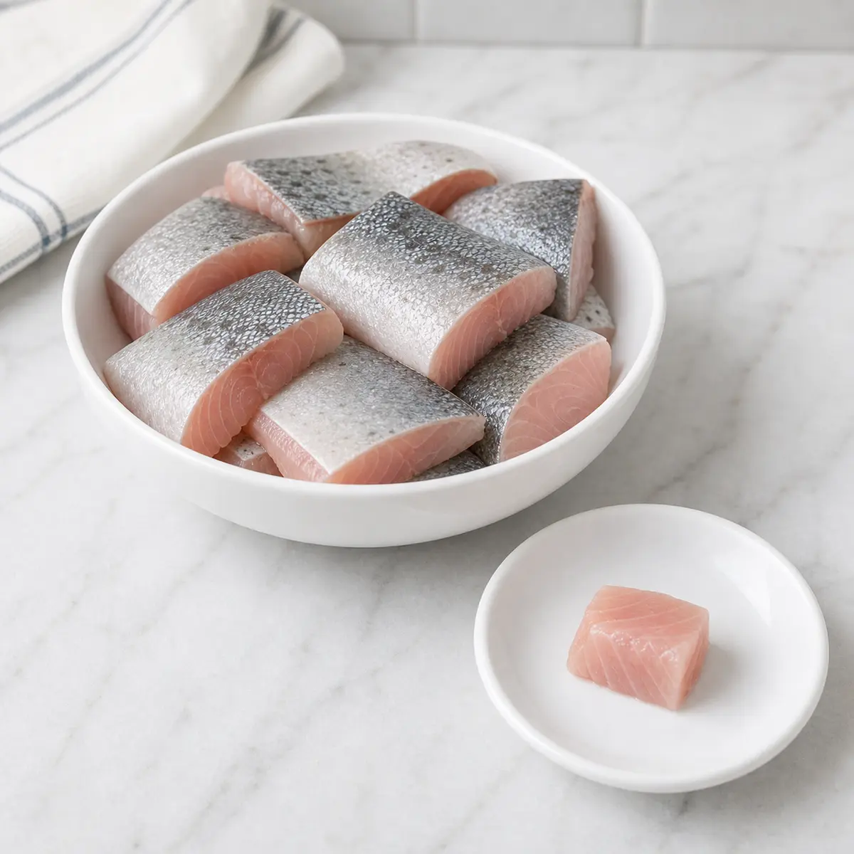 Raw trout pieces with silver skin and one tiny pale pink piece on a saucer