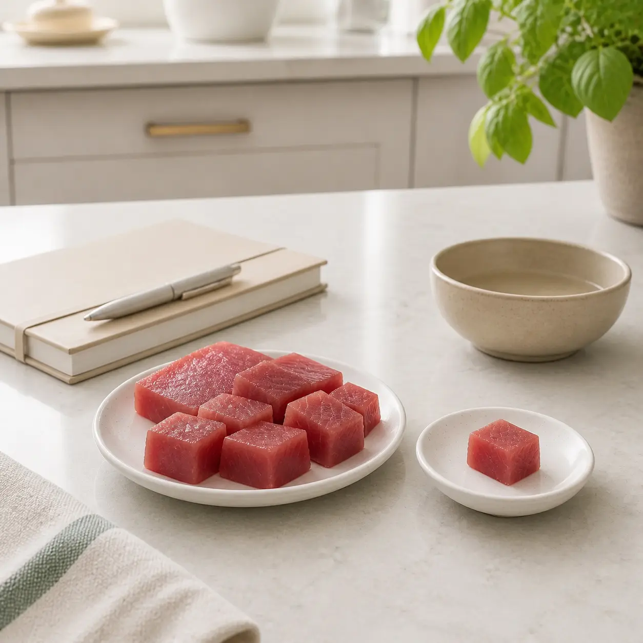 Raw tuna cubes with one tiny cube separated on a saucer
