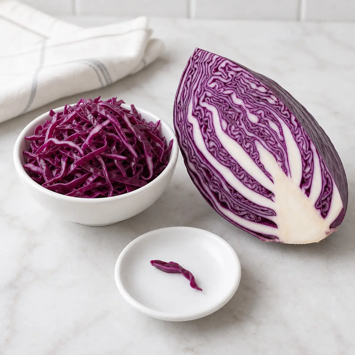 Red cabbage wedge and shredded cabbage with one tiny plain shred on a saucer
