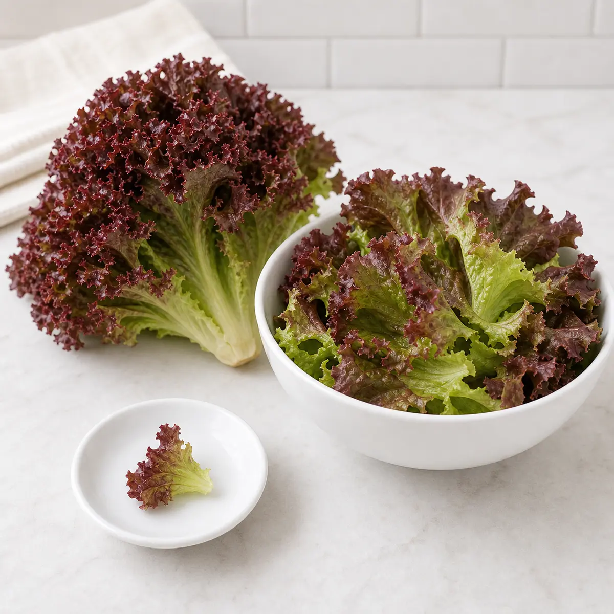 Red leaf lettuce with burgundy-tipped leaves and one tiny torn piece on a saucer