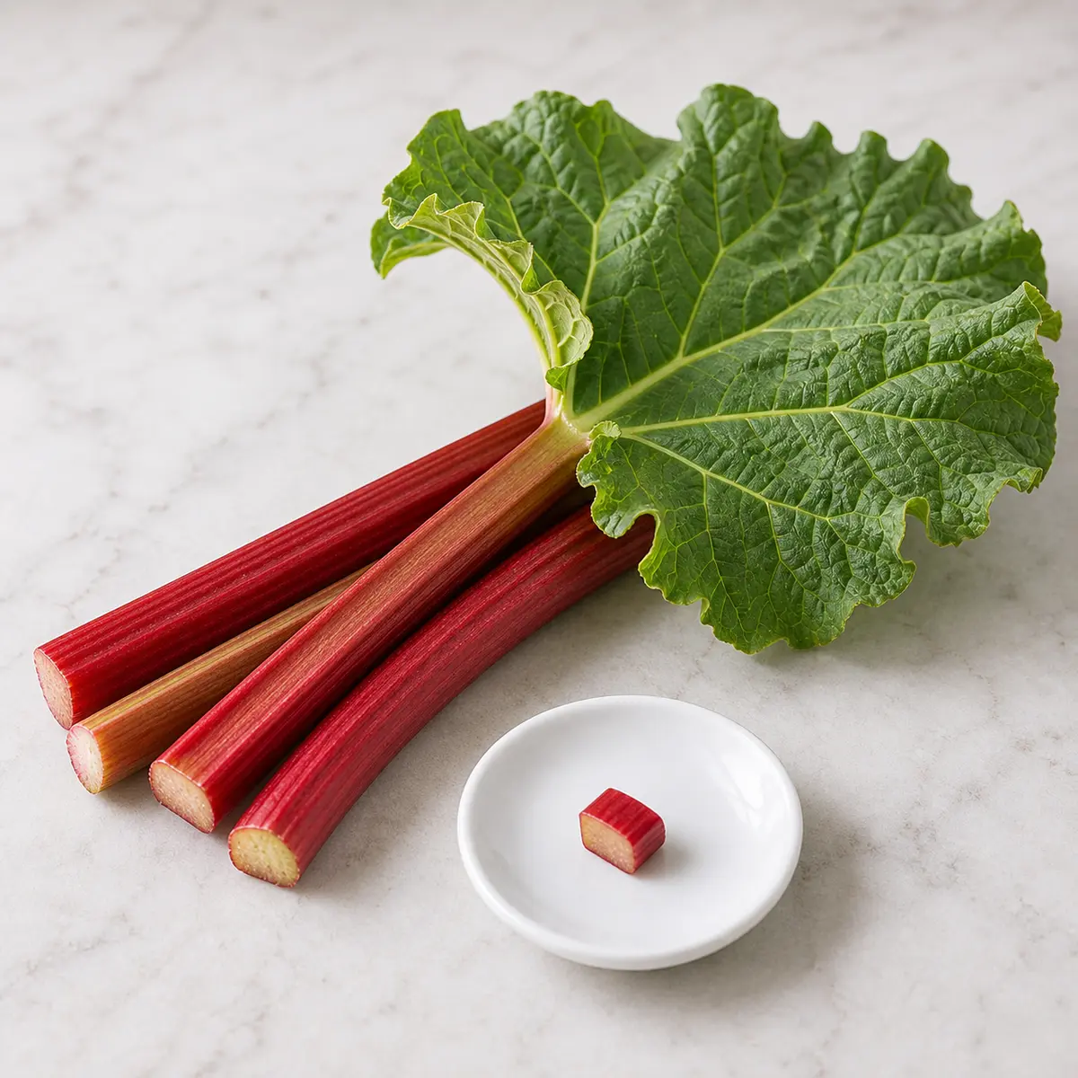 Red rhubarb stalks with a green leaf and one tiny cut stalk piece on a saucer