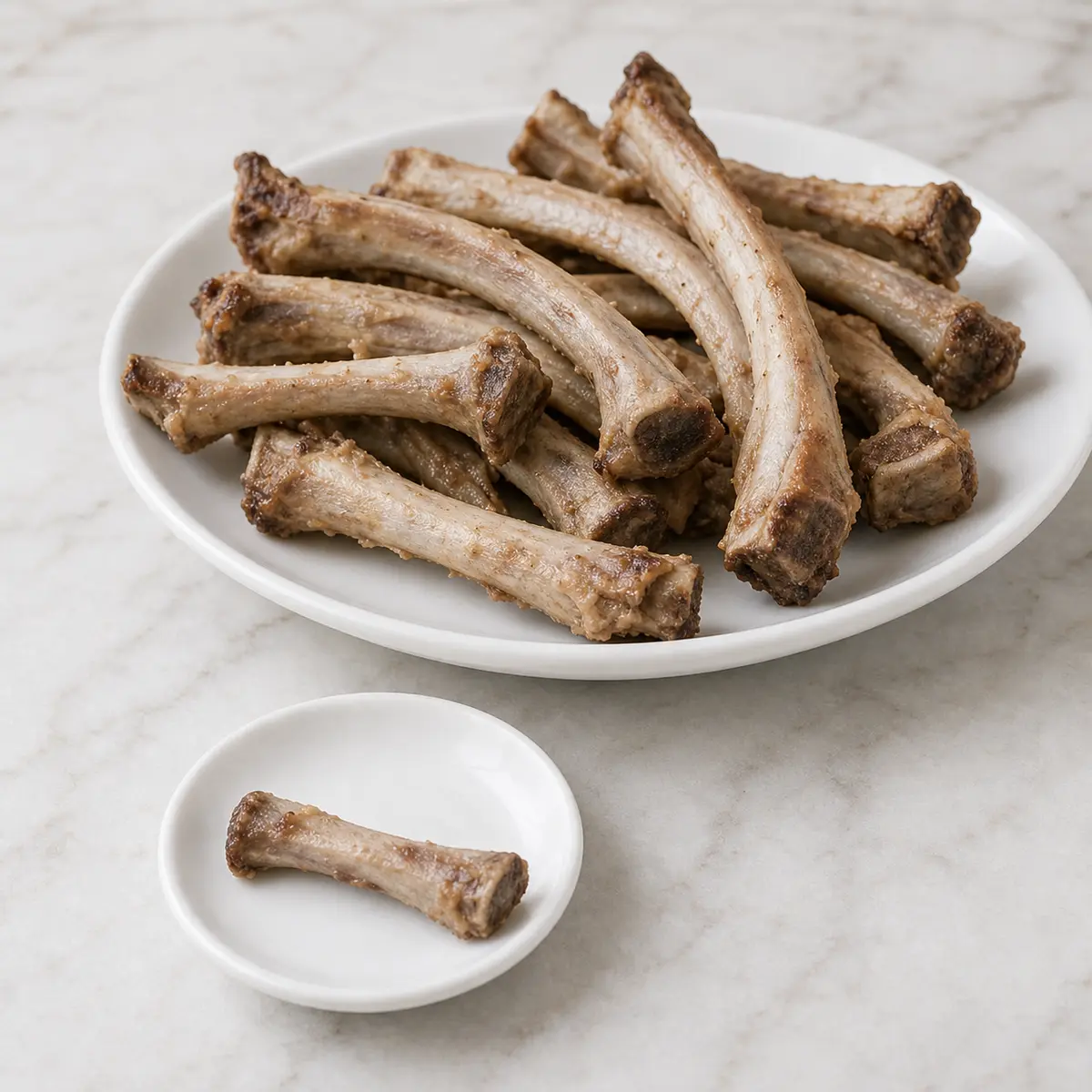 Plain cooked rib bones on a plate with one small rib bone isolated on a saucer