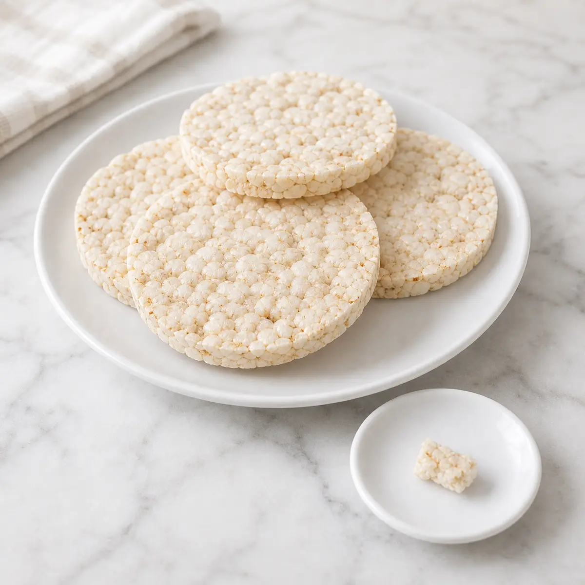Plain rice cakes with one tiny broken crumb on a saucer