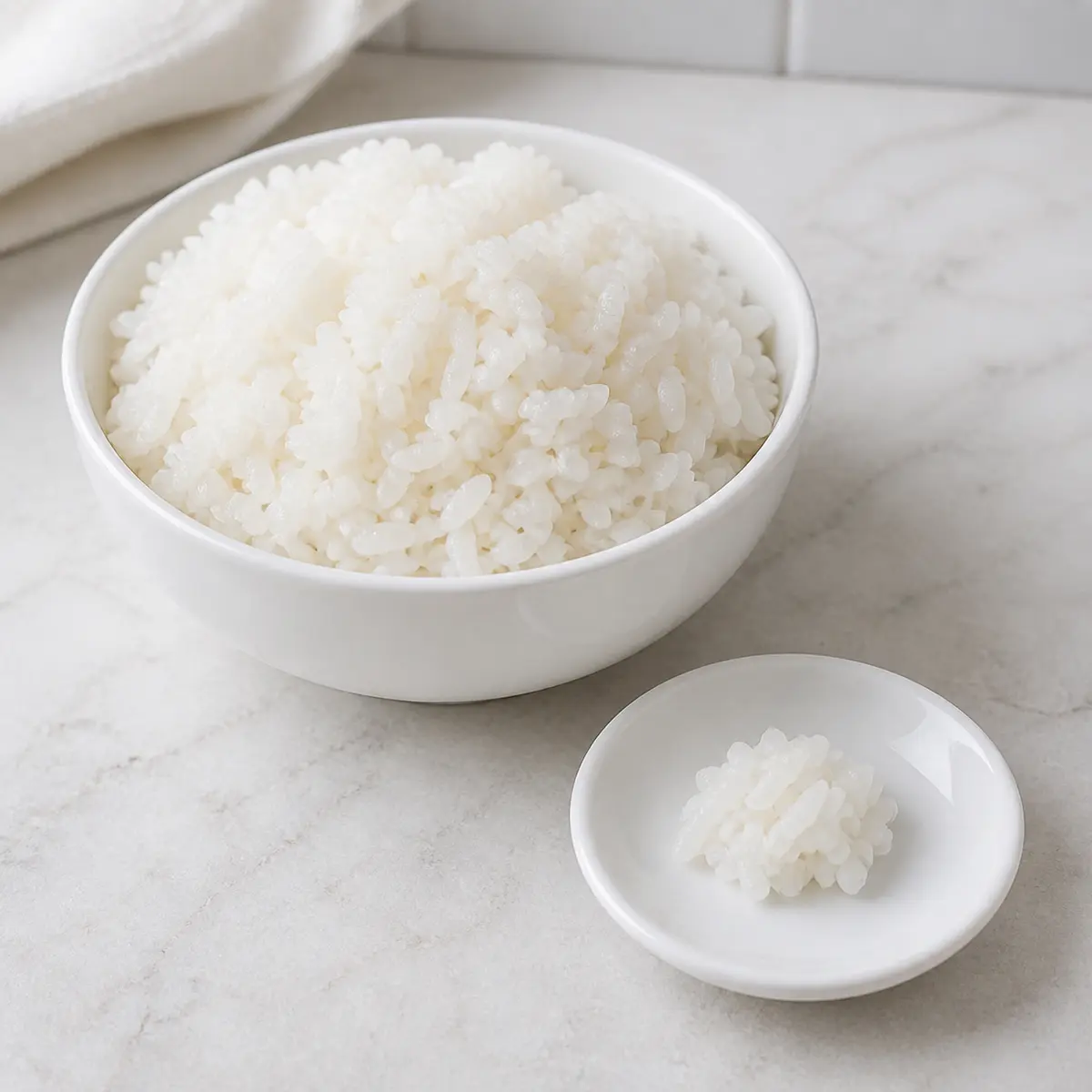 Plain cooked white rice with one tiny spoon-tip portion on a saucer