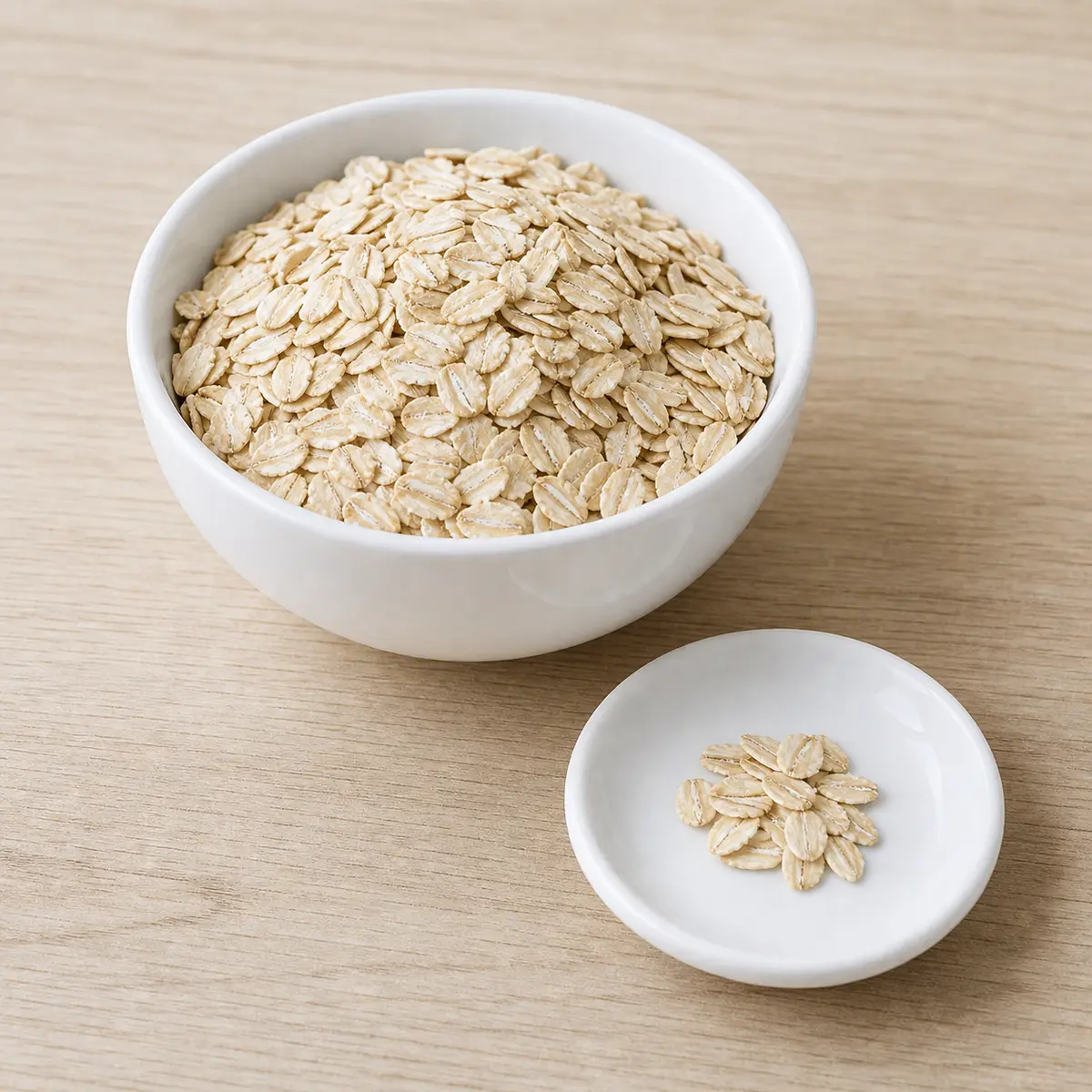 Plain rolled oats with a tiny pinch on a saucer