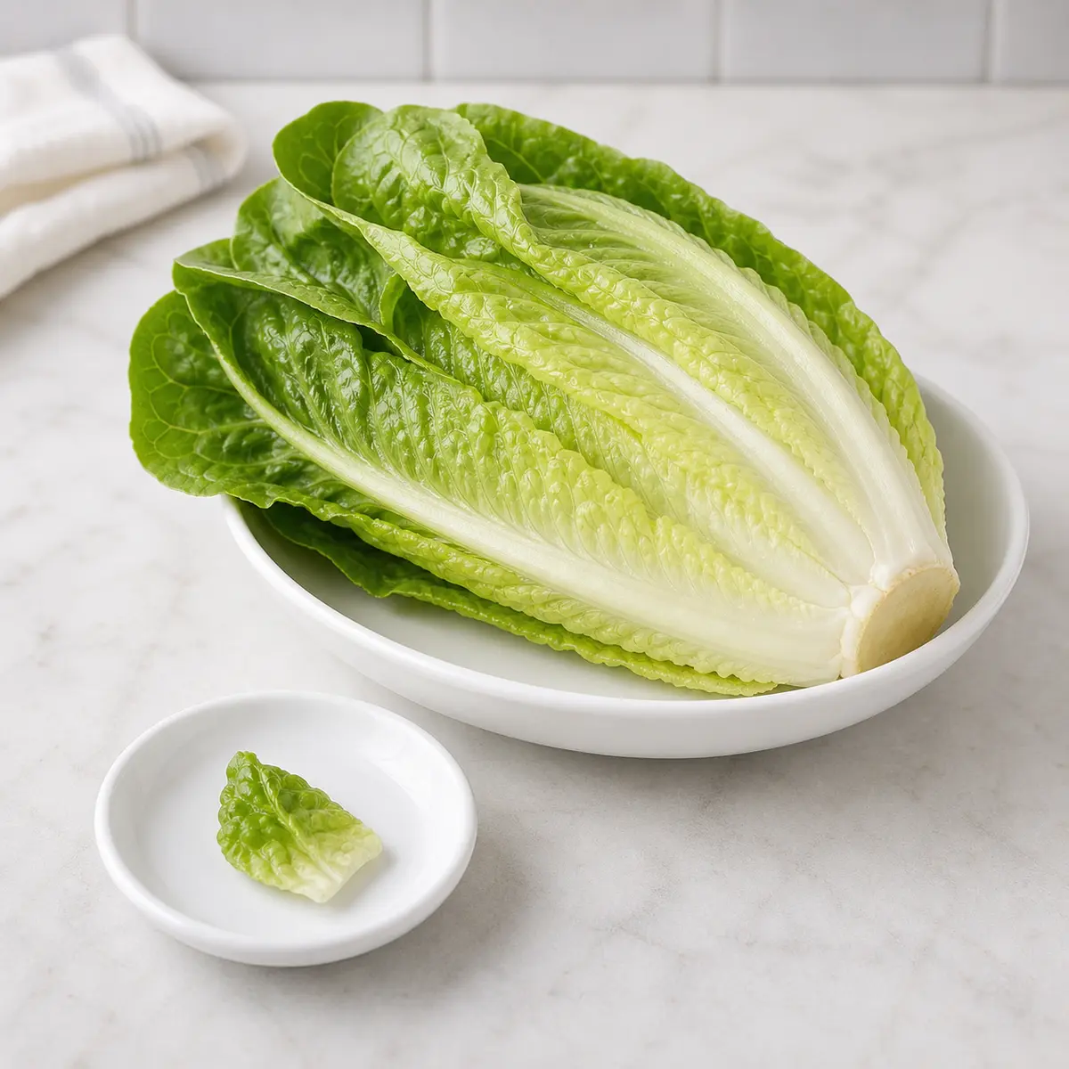 Fresh romaine lettuce heart with one tiny torn leaf piece on a saucer
