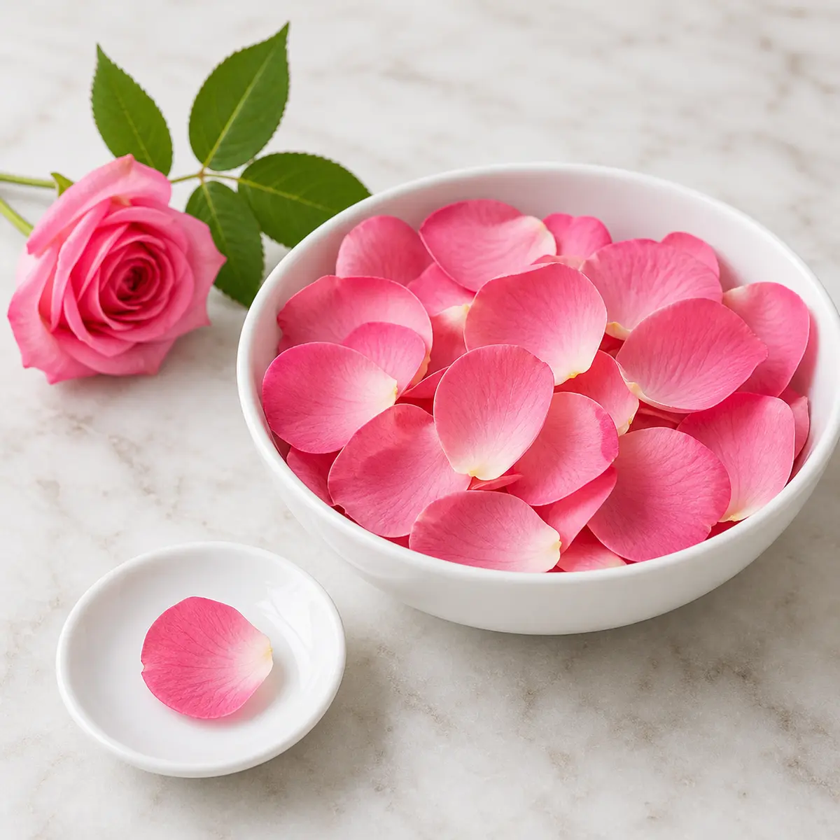 Clean pink rose petals with one tiny petal piece on a saucer