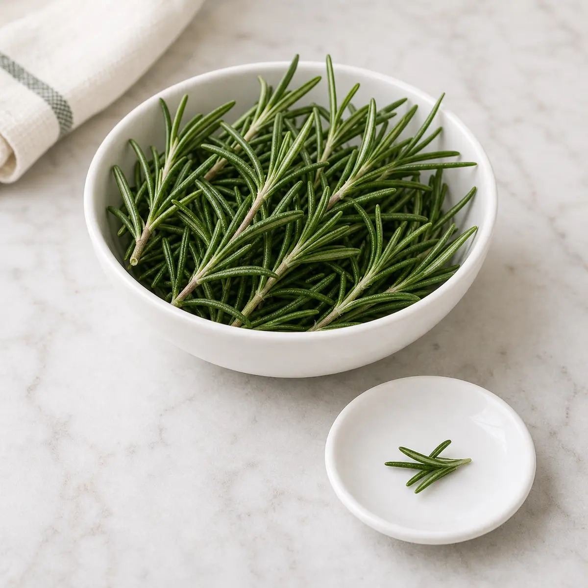 Fresh rosemary sprigs with one tiny needle cluster on a saucer