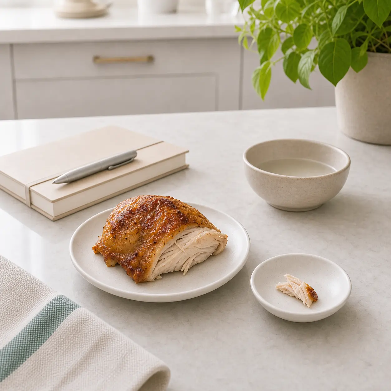 Rotisserie chicken with one tiny meat shred separated on a saucer