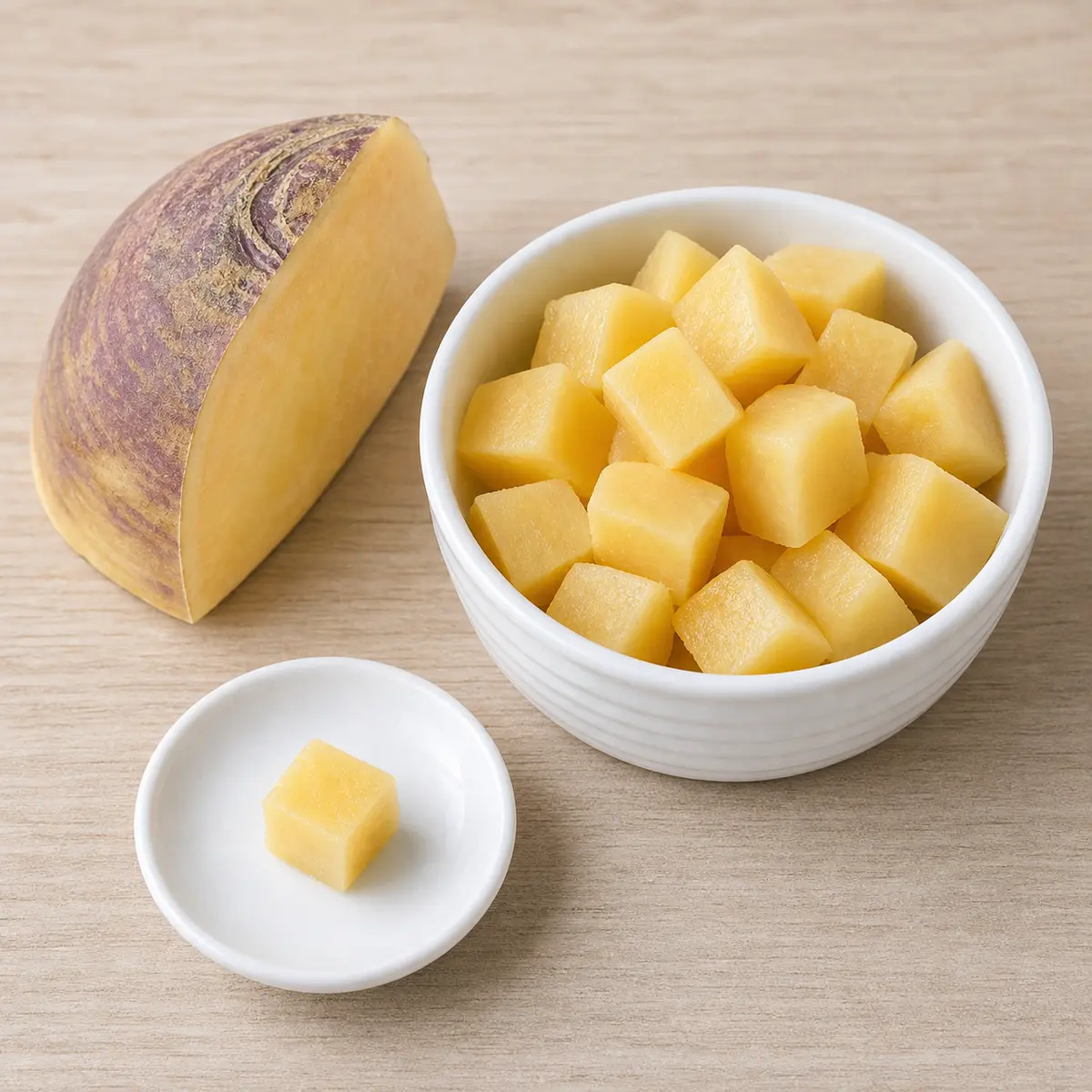 Cooked rutabaga cubes with one tiny soft cube on a saucer