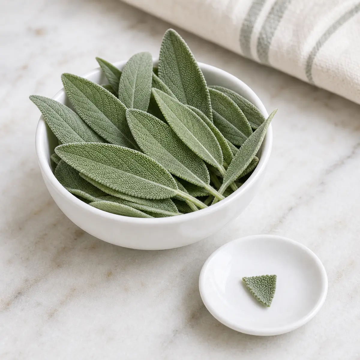 Fresh sage leaves with one tiny torn sage leaf piece on a saucer