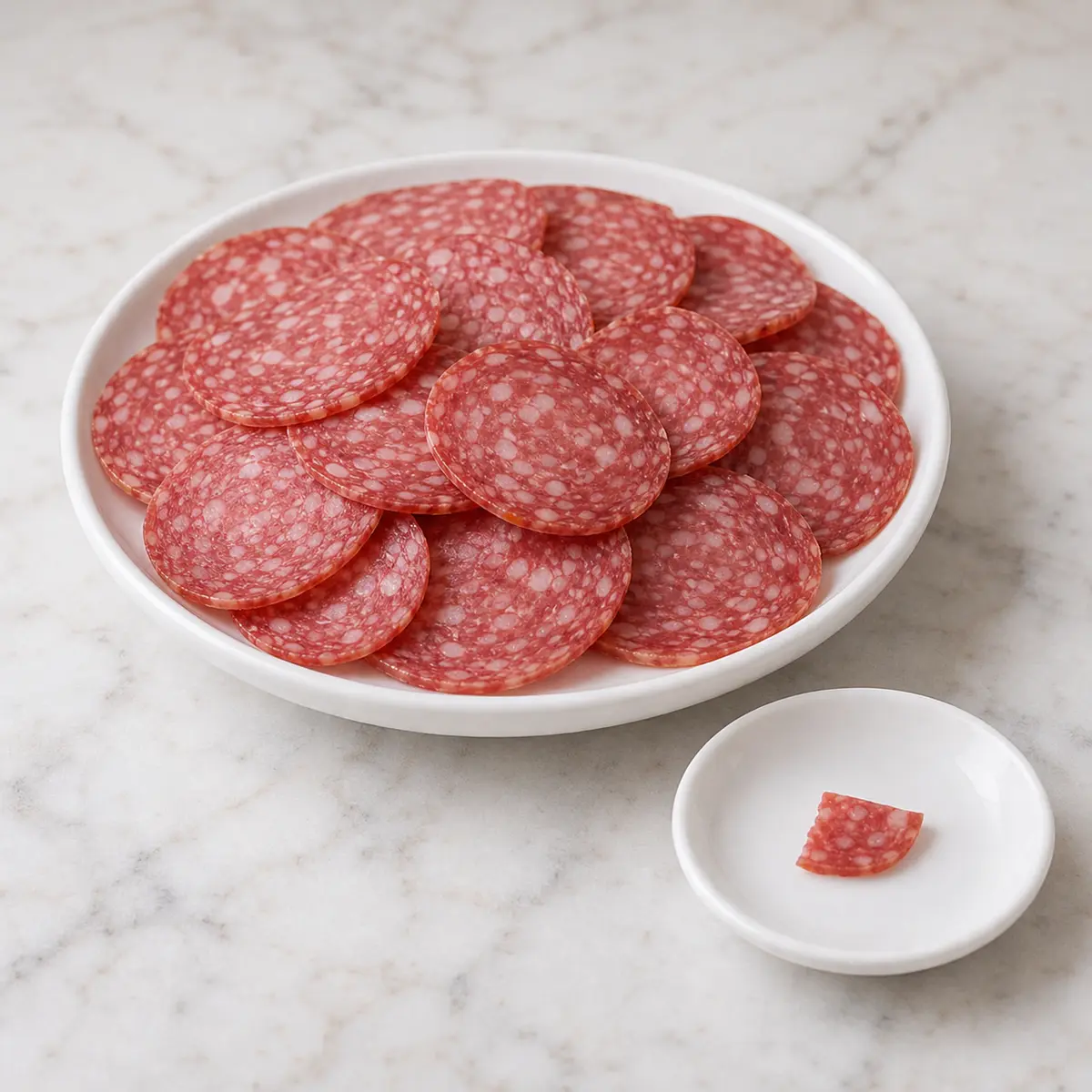 Sliced salami with one tiny salami piece on a saucer