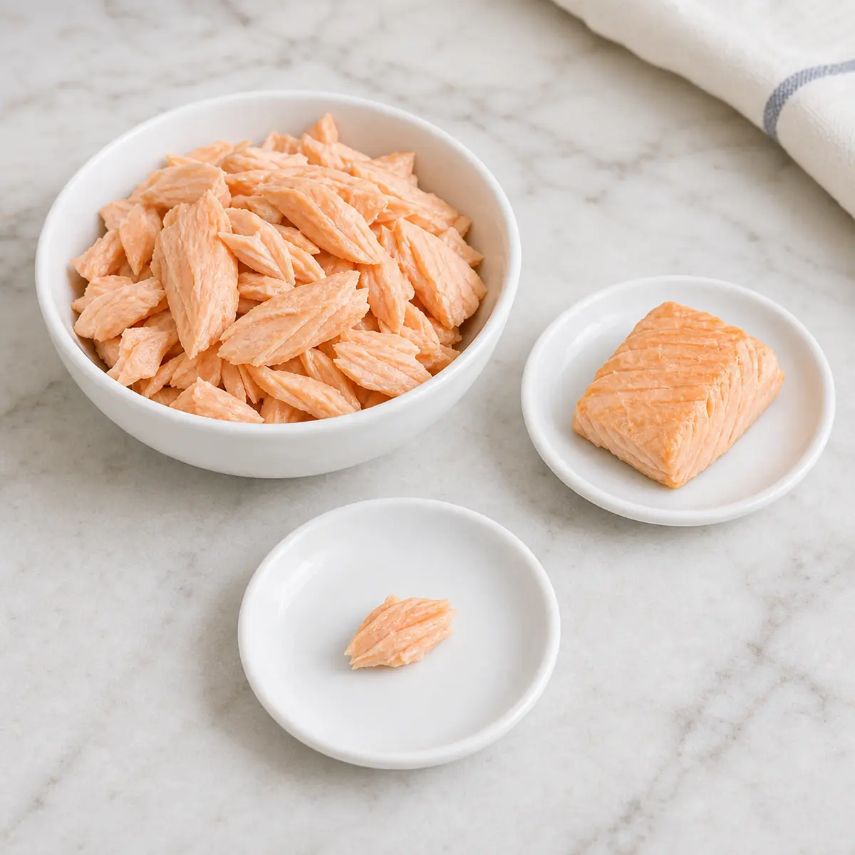Plain cooked salmon flakes with one tiny cooked flake on a saucer