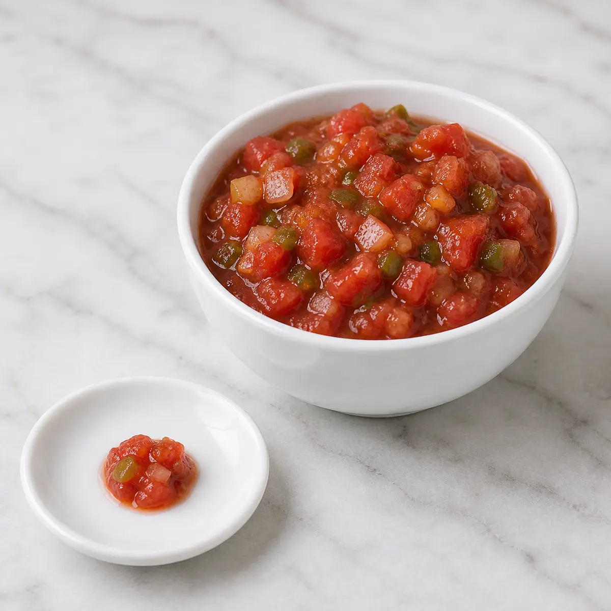 Chunky red salsa with one tiny dab on a saucer