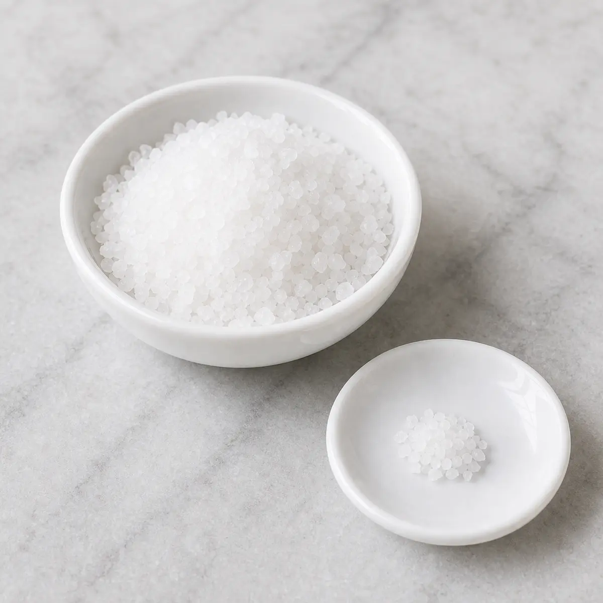 Coarse salt crystals with a tiny pinch isolated on a saucer