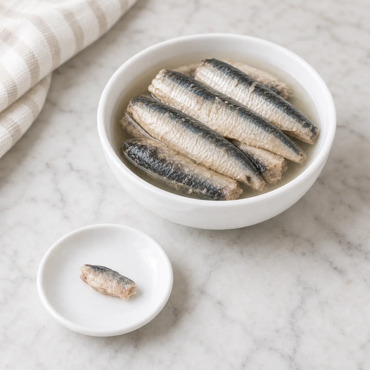 Plain sardine fillets with one tiny flake on a saucer