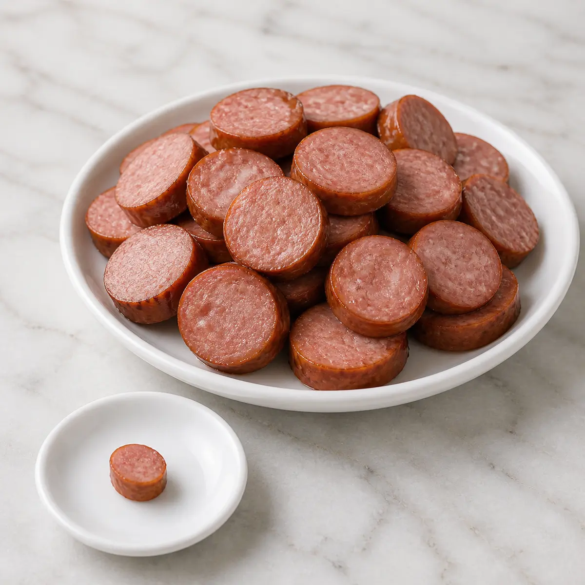 Sliced cooked sausage with one tiny sausage piece on a saucer