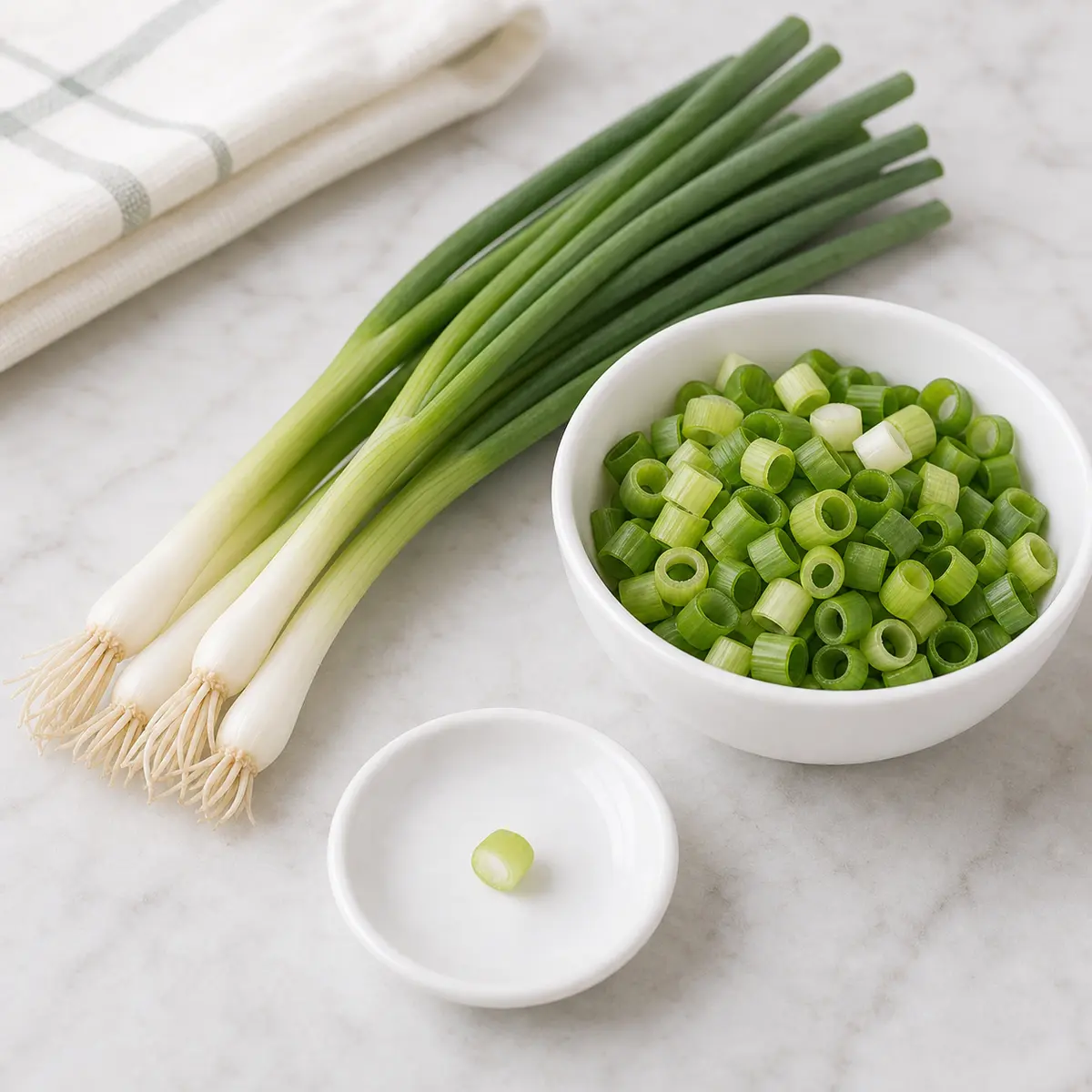 Fresh scallions and chopped rings with one tiny scallion piece on a saucer