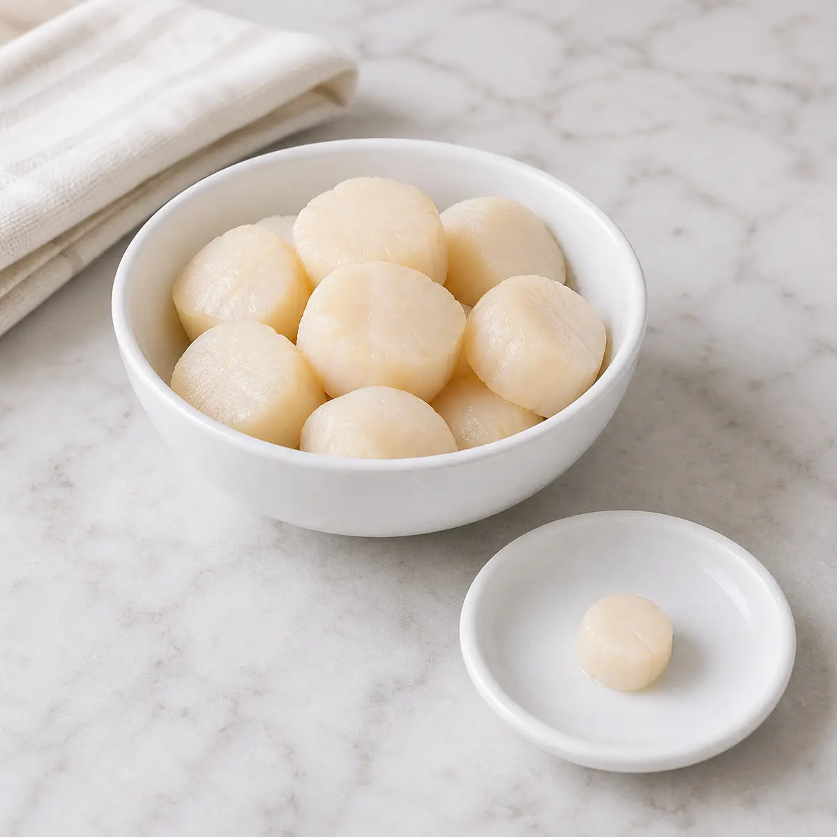 Plain cooked scallops with one tiny cooked piece on a saucer