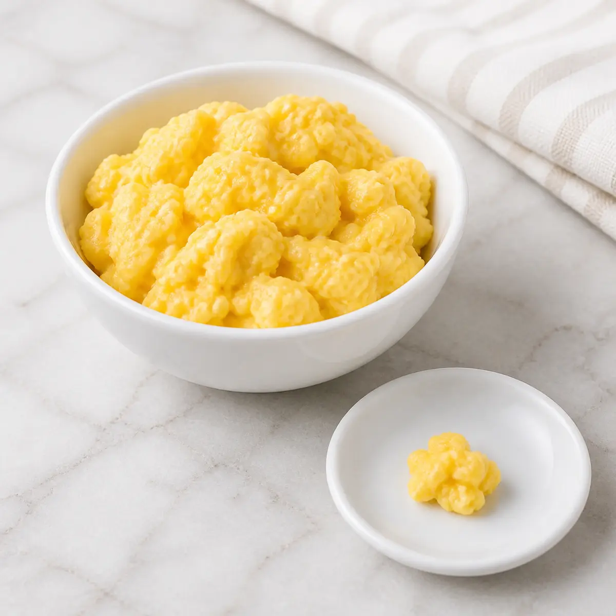 Plain scrambled eggs with one tiny soft egg piece on a saucer