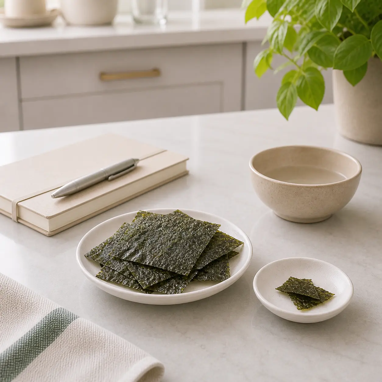 Plain seaweed sheets with a small torn piece on a saucer