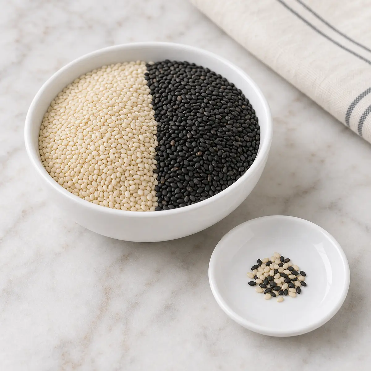 White and black sesame seeds with a tiny pinch on a saucer