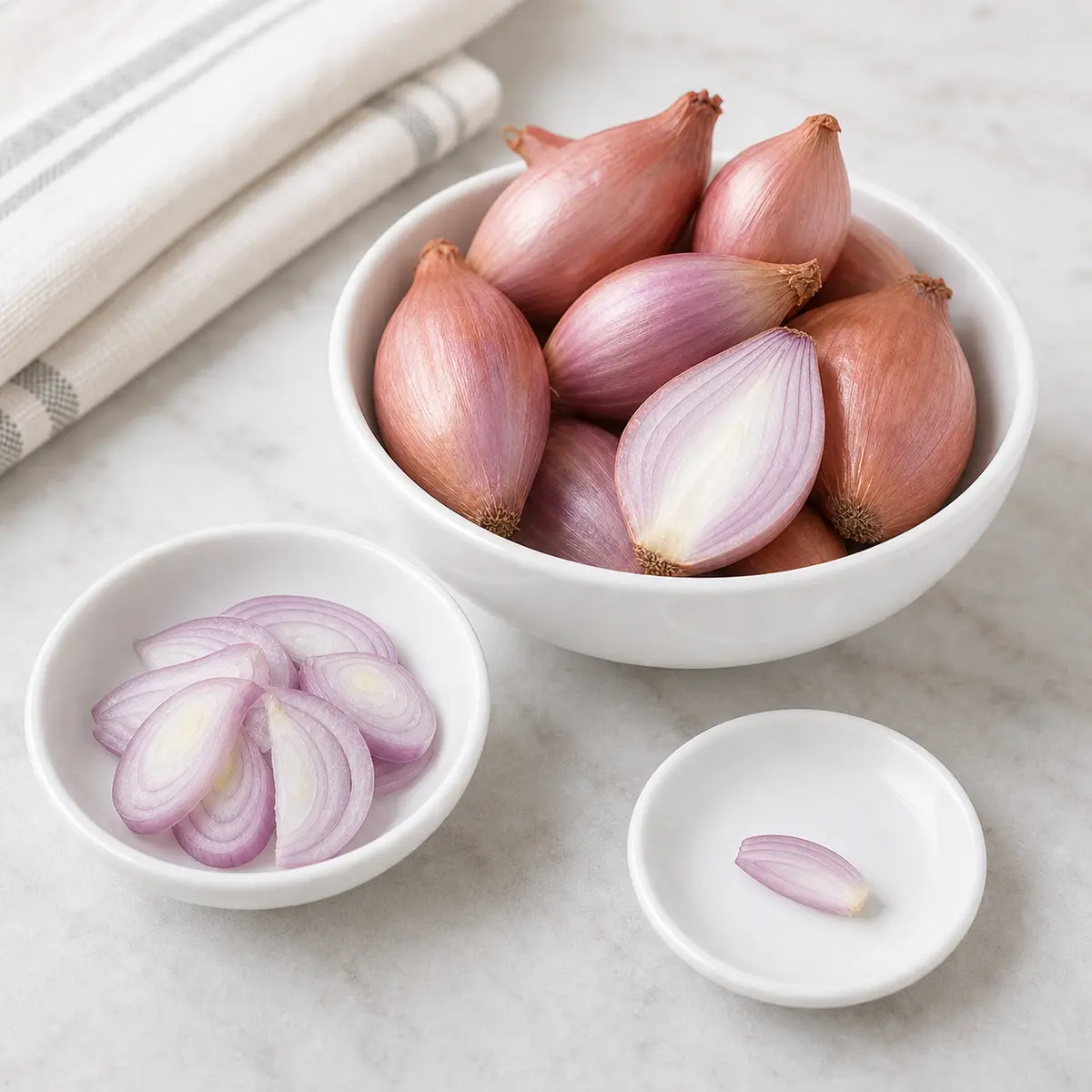 Whole and sliced shallots with one tiny shallot piece on a saucer